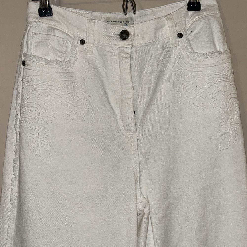 Rare ETRO Sz 27 x 34 white cotton embroidered wideleg Jean fringe edge hi waist - Picture 12 of 15
